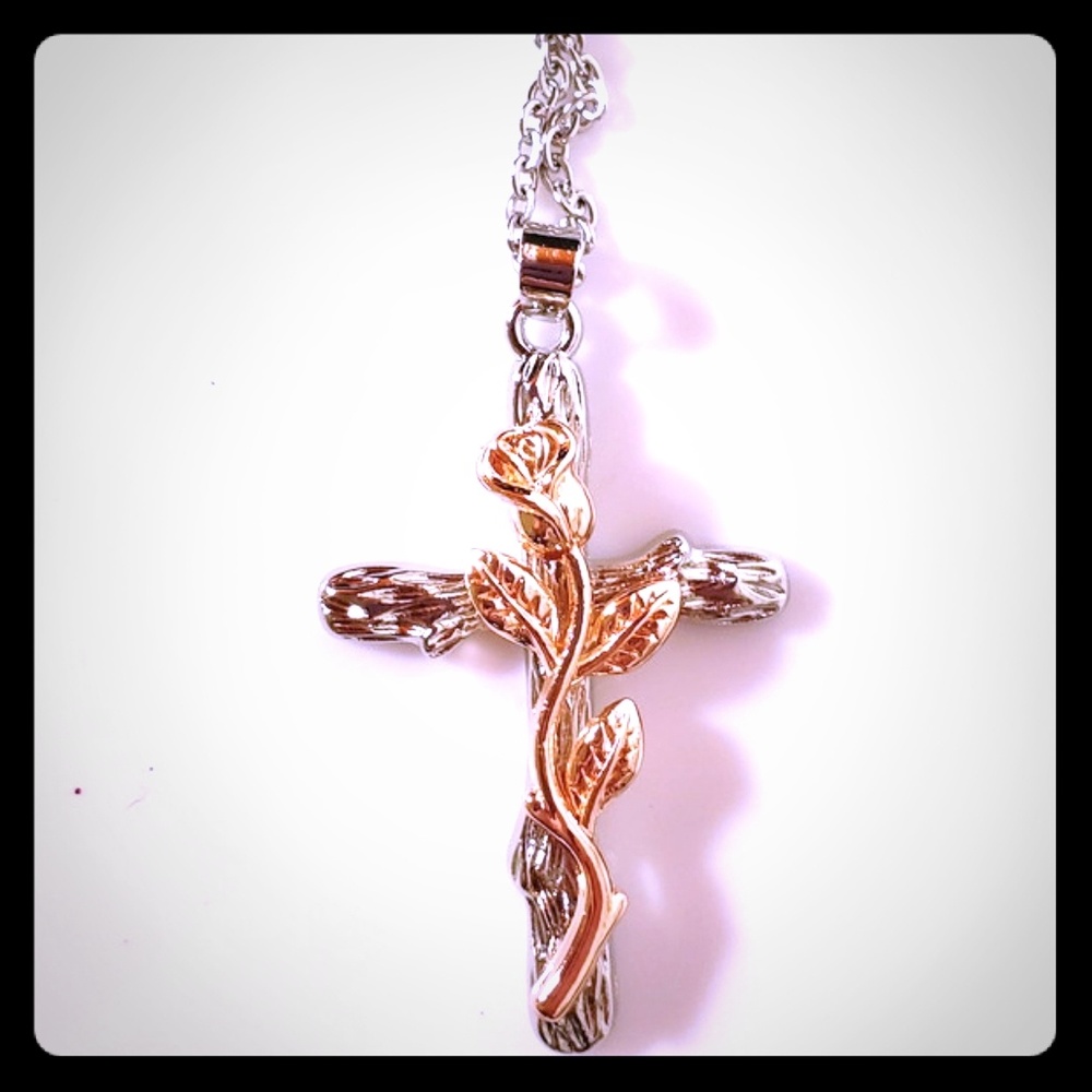 Vintage rose/Sterling silver neclace -Cross